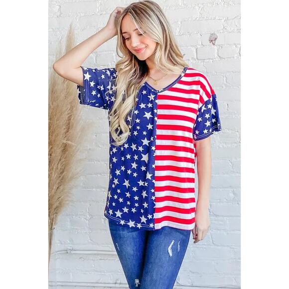 And The Why American Flag Theme Short Sleeves V-Neck Relaxed Fit Top | Red/Navy - Picture 3 of 8